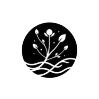Black and white minimalist with a stylized plant and roots within a circle, evoking nature and growth. vector