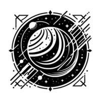 Black and white minimalist space artwork featuring a stylized planet with striped surface encircled by stars, geometric shapes, and celestial bodies. vector