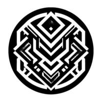 Complex geometric black, white, and gray patterned enclosed in a bold black circular frame, showcasing symmetry and depth. vector