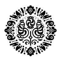 Intricate symmetrical black and white folk art featuring stylized birds, flowers, candy and hand motifs in a circular arrangement on a white background. vector
