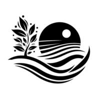 Abstract black and white graphic, stylized tree with leaves and berries, sun over water, creating a peaceful nature scene. vector
