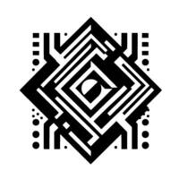 Symmetrical Geometric Black, White, and Gray DiamondShaped Pattern with Interlocking Lines and CircularRectangular Elements. vector