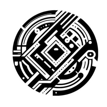 Black and White Geometric Circuitry A Circular Abstract with Lines, Shapes, and Dotted Elements, Modern. vector