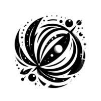 Abstract black and white orbital featuring a stylized celestial body encircled by radiating stylized leaves and celestial elements against a white background. vector