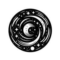 Celestial Black and White Circular Illustration Crescent Moon, Stars, and Swirling Galaxy Elements in Cosmic Design. vector