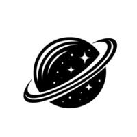 Bold Black and White Illustration of a Ringed Planet with Sparkling Stars, Simple, Clean, and Elegant Design, Cosmic Celestial Body. vector