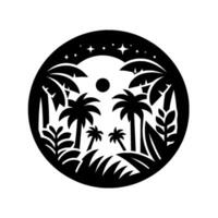Black and White Circular Silhouette of a Tropical Island Scene with Palm Trees, Stars, and a Moon vector