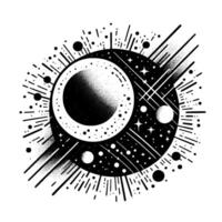 Stylized Black and White Illustration of Crescent Moon and Celestial Spheres with Dynamic Radial Lines, Stars, and Dots. vector