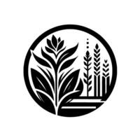 Black and White Minimalist Emblem Featuring a Leafy Plant and Grain, Inside a Circle with Decorative Elements, a symbol of natures beauty. vector