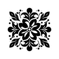 Symmetrical Black Floral Motif on White Background An Elegant, Ornamental with Leaves, Dots, and a Central Flower. vector