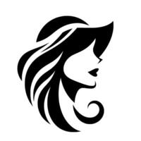 Silhouette of a Woman in a Hat with Flowing Hair, Black and White Graphic, Artistic and Elegant vector