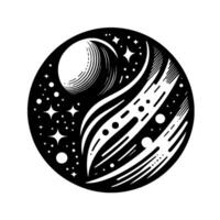 Cosmic yin yang symbol, monochrome art with stylized celestial bodies, moon, stars, and flowing elements within a circular frame. vector