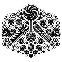 Whimsical black and white symmetrical composition featuring various candies, lollipops, and decorative swirl elements in an ornate, circular layout. vector