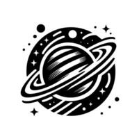 Monochromatic Saturn illustration with stylized rings, surrounded by stars and celestial elements, radiating a clean, minimalist aesthetic on a white backdrop. vector