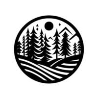 Minimalist Black and White Circular Silhouette of a Forest Scene with Mountains, a Sun, and a Decorative Frame. vector
