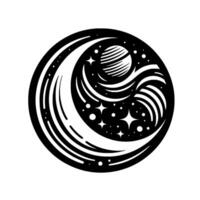 Black and white celestial circle crescent moon, striped planet, stars, and cosmic design, a minimalist space art composition. vector