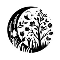 Silhouette of a serene garden inside a crescent moon, featuring flowers, trees, grass, a flying bird, and stars. vector