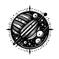 Cosmic Compass illustration of celestial bodies, planets, and stars enclosed in a circular with directional indicators, rendered in stark monochrome. vector