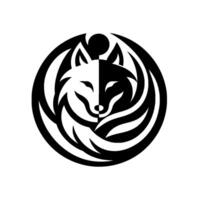 A yin and yang symbol rendered as a stylized fox head within a circular frame, the image showcases a balance of opposing black and white elements. vector