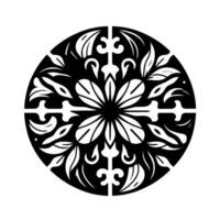 Intricate Black and White Circular Design Floral and Leafy Ornament, Symmetrical Pattern on a White Backdrop, Decorative Art. vector