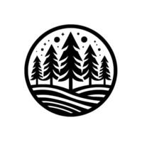 Black and White Circular Silhouette Forest Scene with Pine Trees, Starry Sky, and Wavy Landscape. vector