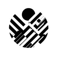 Abstract Geometric Composition Circle with a Black Dot and Overlapping Black and White Striped Shapes, Creating D Effect. vector