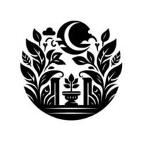 A stylized black and white floral emblem featuring a moon, clouds, leaves, a potted plant, and ornate architectural elements arranged in a circular composition. vector