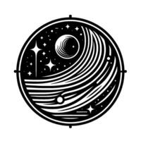 Celestial Orb Cosmic Composition Depicting Stars, Moon, and Flowing Elements in Black and White, a Symbolic Stellar Representation. vector
