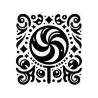 Black White of Ornate Candy Lollipop within a Square Frame Decorated with Flourishes, Dots, and Geometric Shapes. vector