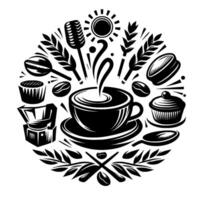 Circular Monochrome Design Coffee, Bakery, and Music Elements in a Decorative Arrangement vector