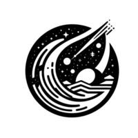 Celestial Serenade A stylized black and white cosmic illustration, featuring a comet, mountains, waves, sun, and starry night in a circular composition. vector