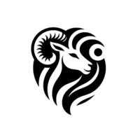 Stylized, monochrome of a rams head, with a minimalist featuring horns, curved lines, and a serene, forwardfacing gaze, set on a white background. vector