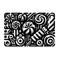 Abstract Black and White Candy Composition A whimsical arrangement of stylized sweets, swirls, and shapes, creating a playful and visually dynamic design. vector