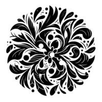 Detailed monochrome floral mandala design, symmetrical arrangement of leaves, petals, and dots, isolated on white background, featuring a central flower. vector