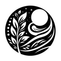 Black and white circular depicting a stylized tree, moon, stars, and flowing lines, evoking a sense of peace and natures harmony. vector