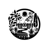Intricate Black and White Paper Cut Art A Serene Garden Scene Within a Circular Frame Depicting Nature and Serenity. vector
