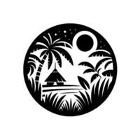 Silhouette of a tropical island scene in a circular frame, featuring palm trees, a hut, moon, stars, and foliage. vector