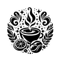 Intricate Black White Design Coffee Cup with Steaming Aroma, Citrus, and Coffee Bean Elements within a Floral Circle vector