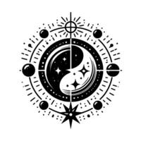 Celestial Yin Yang Mandala with Planets, Stars, Sunburst, and Geometric Elements, Symbolizing Balance and Harmony in Cosmos. vector