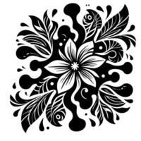 Intricate Black and White Floral Mandala with Leafy Extensions and Abstract Fluid Elements on White Background. vector