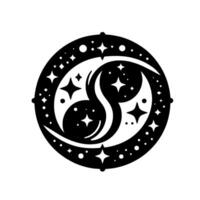 YinYang Celestial Design Scurve, starry nightscape within a circle, black and white, mystical and balanced, minimal. vector