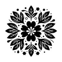Symmetrical floral with bold black and white botanical elements centered flower, leaves, dots, and stylized petals on white background. vector