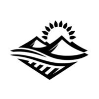 A minimalist black and white features stylized mountains, water, and a sun, all enclosed in a diamond shape on a clean white background. vector