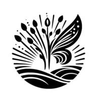 Stylized black and white floral featuring stylized grass, a leaflike element, and emanating lines within a circular frame. vector