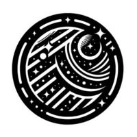 Stylized, circular blackandwhite cosmic illustration featuring celestial bodies, stars, and geometric patterns within an outer ring. vector