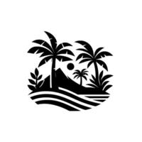 Silhouetted Tropical Island Scene with Palm Trees, Mountain, Sun, and Stylized Waves, in a Bold Black and White Graphic. vector
