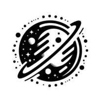 A minimalist black and white illustration of a planet with rings, dotted stars, and a celestial pattern on a white background. vector