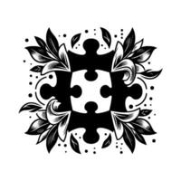 A black and white of four puzzle pieces forming a central shape, adorned with leaf elements, conveying unity and harmony. vector