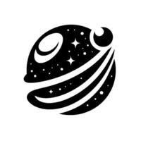 Abstract black and white celestial featuring a stylized planet with a crescent moon, starry sky, and striped surface details. vector