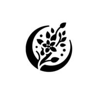 Minimalist black flower and leaves within a crescent moon with small dots, representing serenity and natural beauty on a white background. vector